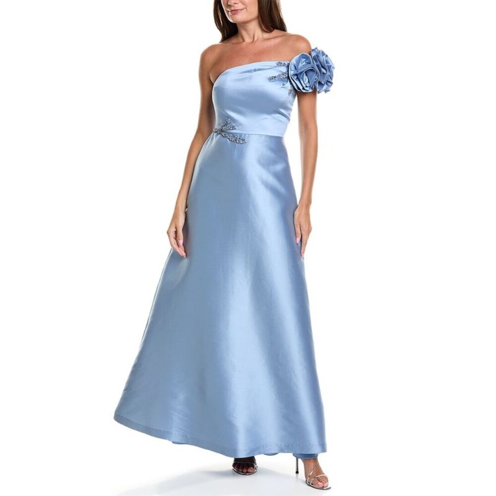 Teri Jon By Rickie Freeman Womens Mikado Flower One-Shoulder Bead Applique